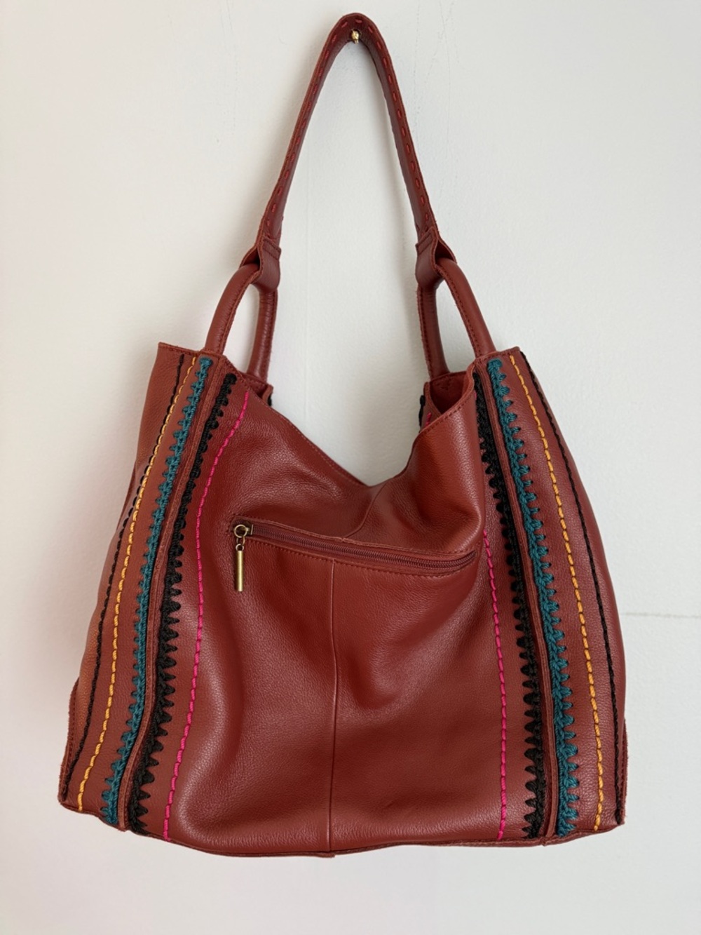 The Sak Rust Brown Leather Satchel with Multicolor Stitching